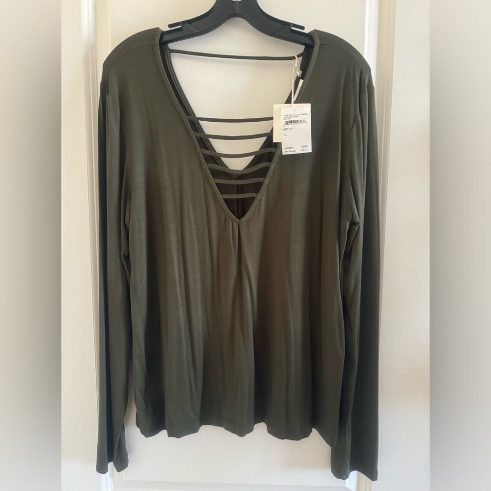 NWT Good Luck Gem Olive Green Deep V-Neck Long Sleeve Shirt Size XL